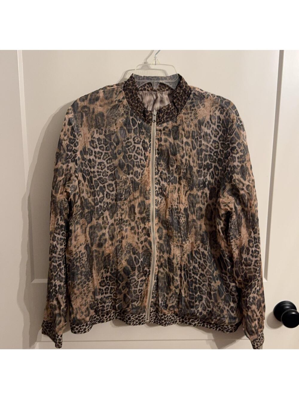 Leopard Bomber Style Jacket Brown Reversible Zip Pockets Lightweight Mob Wife